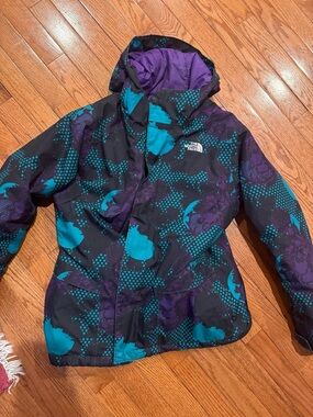 The North Face Black Hooded Puffer Jacket with Teal & Purple Print